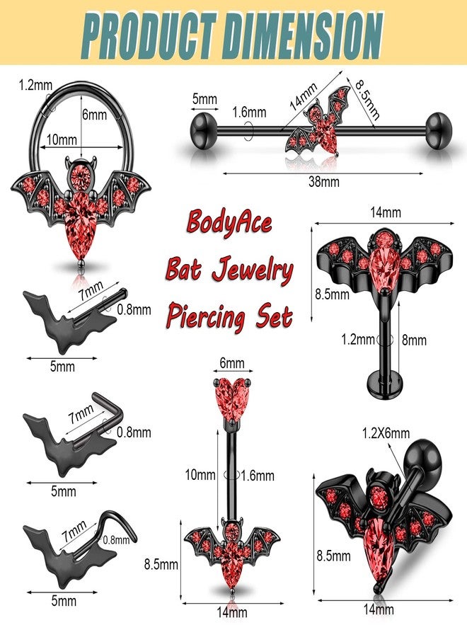 BodyAce Bat Septum Nose Ring Hoops, Surgical Steel Tragus Cartilage Earring Lip Studs, Belly Button Rings Conch Bar Industrial Earrings Labret Jewelry (F:6pcs Nose Studs Rings) - Image 2